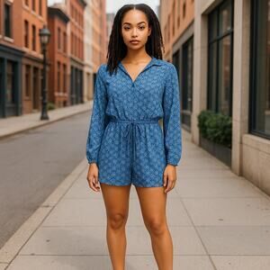 Gap Blue Ditsy Floral Romper Dress Shorts Easy Care Rayon Elastic Pockets M